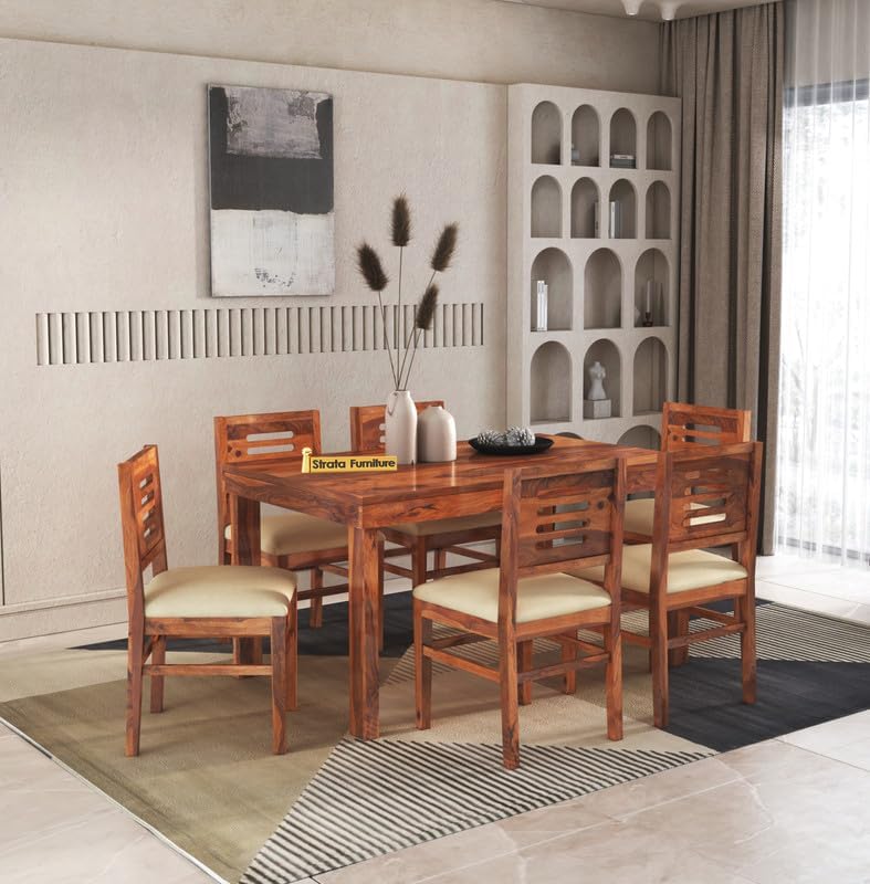 STRATA FURNITURE Solid Sheesham Wood 6 Seater Dining Table Set with Cushioned Chairs - 6 Chairs and 1 Table Dining Set for Dining Room Living Room Home Office Hotels Restaurant (Honey Finish)