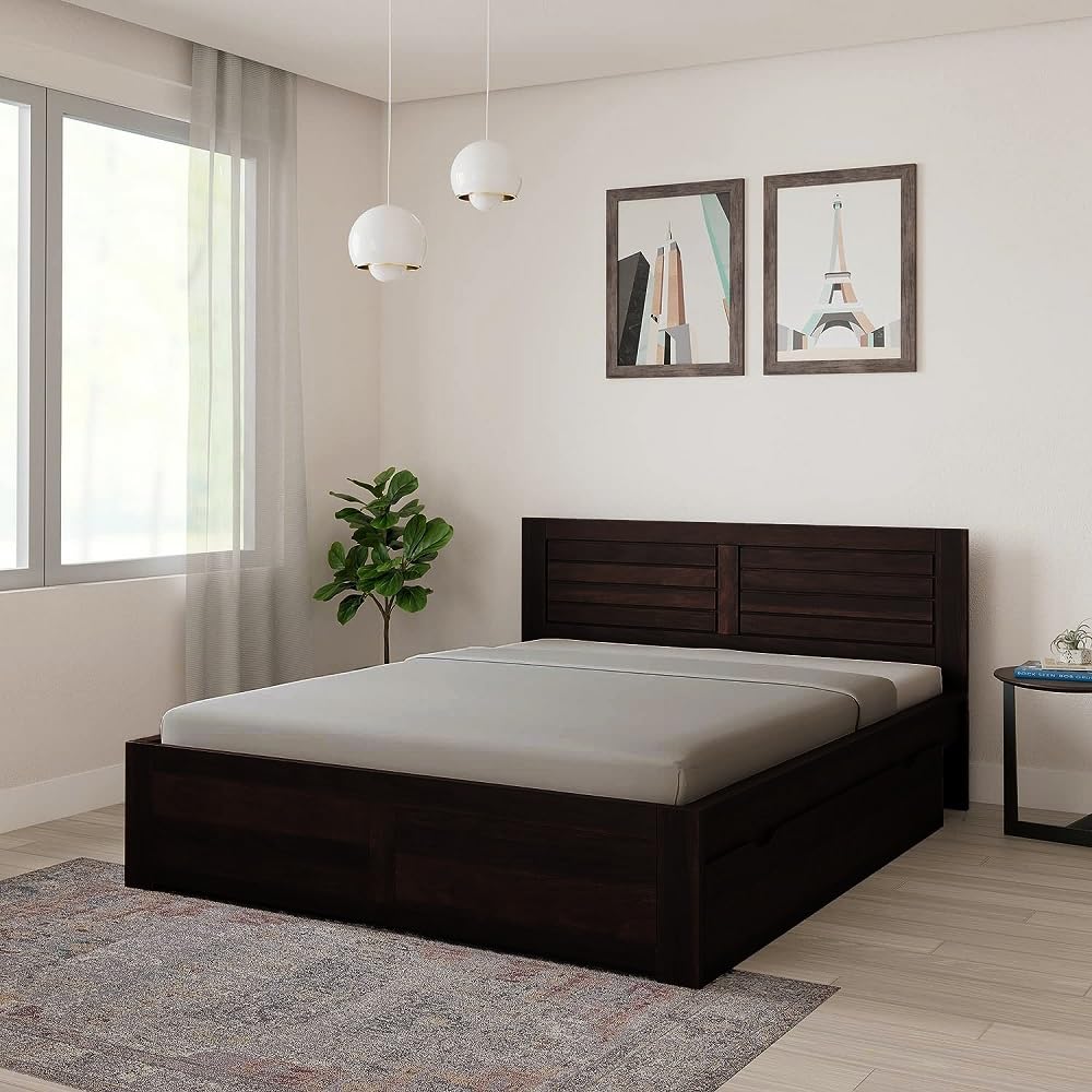 STRATA FURNITURE Sheesham Wood Queen Size Bed with Drawer Storage Wooden Double Bed Cot Bed Furniture for Bedroom Living Room Home (Walnut Finish)