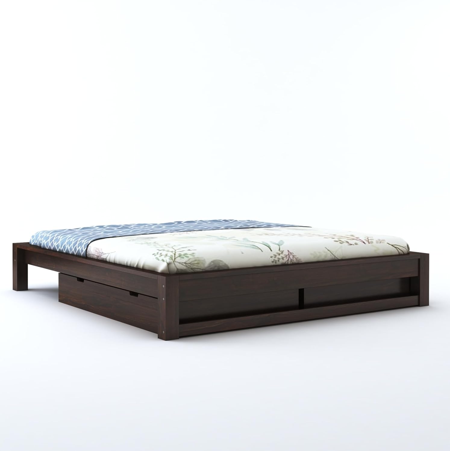 STRATA FURNITURE Solid Sheesham Wood Low Height Platform King Size Bed with Storage for Bedroom Wooden Double Bed (Walnut Finish)