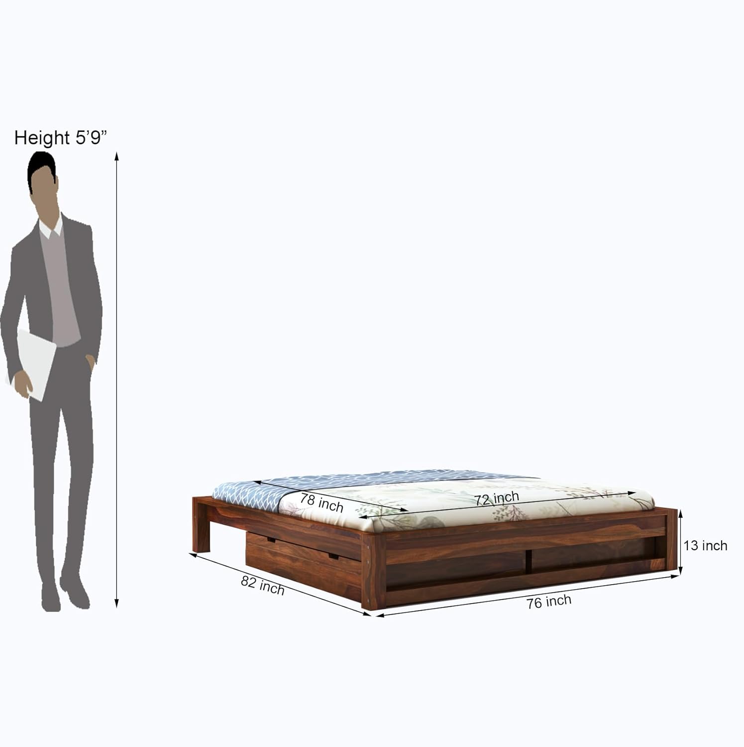 STRATA FURNITURE Solid Sheesham Wood Low Height Platform King Size Bed with Storage for Bedroom Wooden Double Bed (Honey Finish)