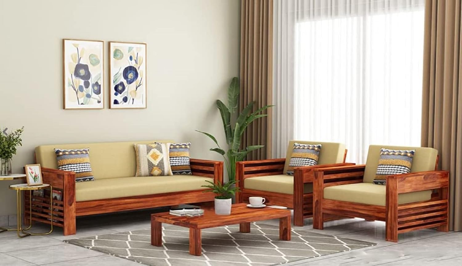 STRATA FURNITURE Sheesham Wood 5 Seater Sofa Set for Living Room Home Office 3+1+1 Solid Wood Sofa Set Wooden Sofa Set 5 Seater (Natural Teak Finish)