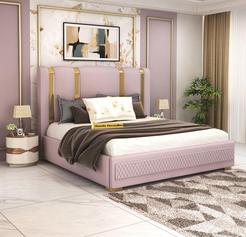 STRATA FURNITUR Sheesham Wood Queen Size Platfrom Bed with Box Storage and Upholstered Headboard | Modern Wooden Double Bed Cot Palang Furniture for Bedroom, Hotels, Living Room, Home (Light Purple)