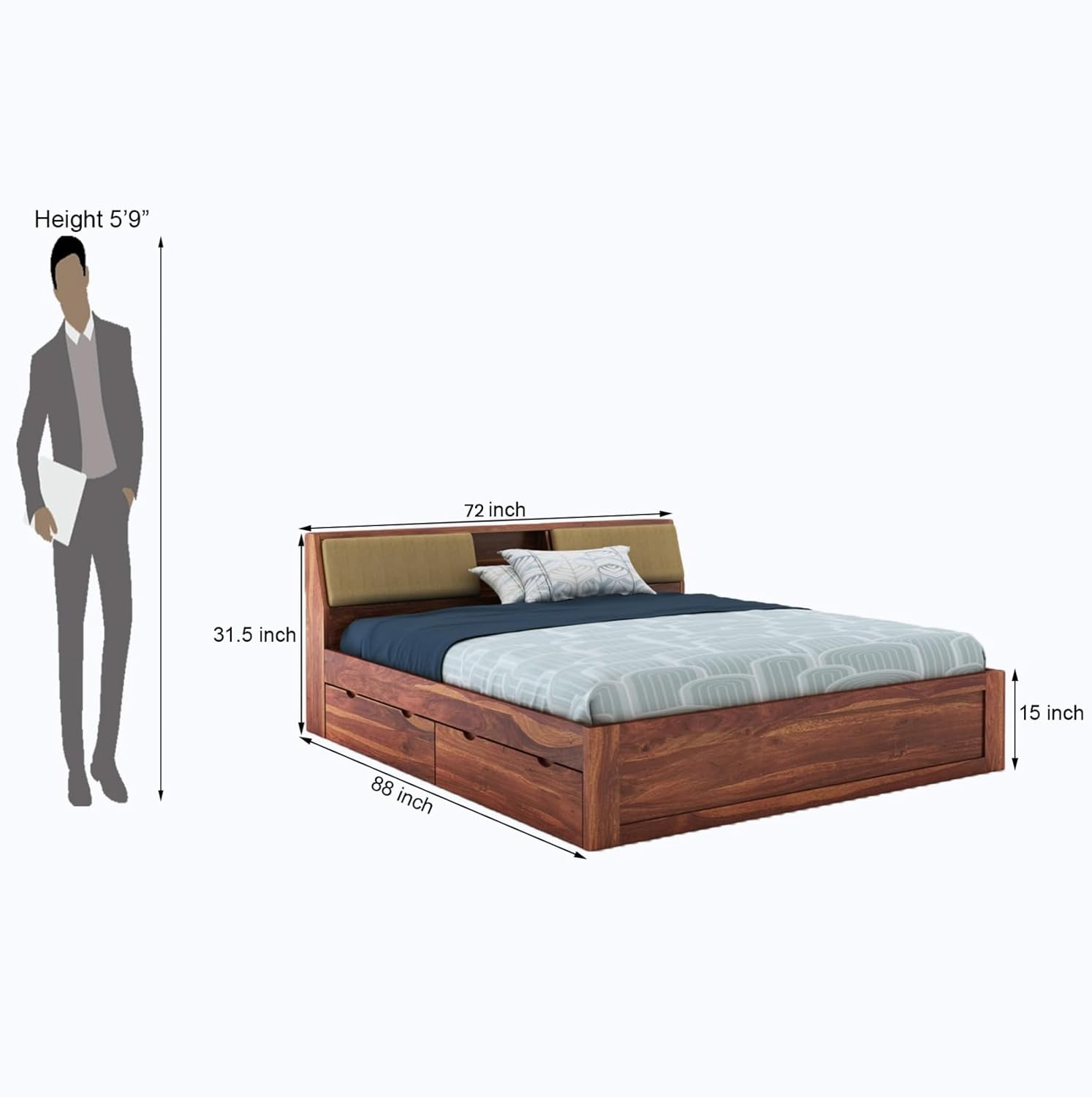 STRATA FURNITURE Sheesham Wood King Size Bed with Drawer Storage Solid Wood Double Bed Palang Wooden Bed for Bedroom Living Room Furniture (Honey Finish)