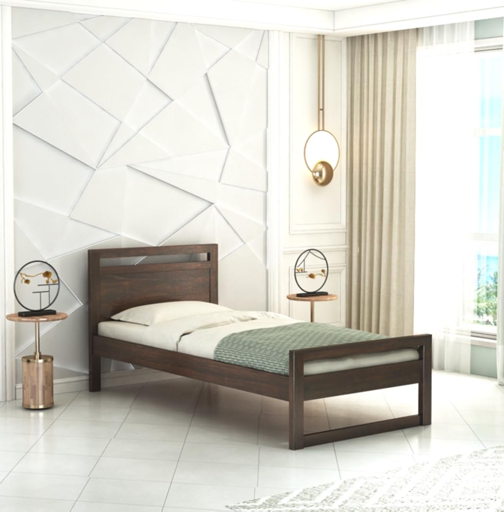 STRATA FURNITURE Sheesham Wood Single Size Bed Without Storage for Bedroom Living Room Home Wooden Headboard Palang Bed (Walnut Finish)