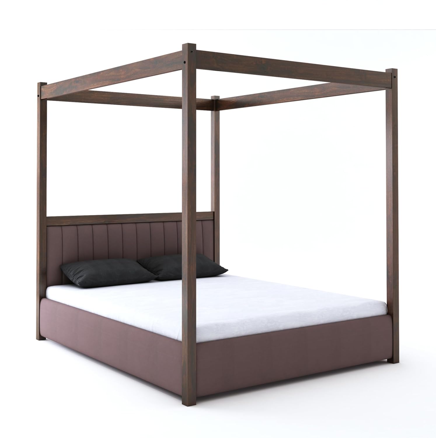 STRATA FURNITURE Solid Sheesham Wood King Size Poster Bed With Box Storage Wooden Upholstered Double Bed For Bedroom Living Room Home (Walnut Finish)