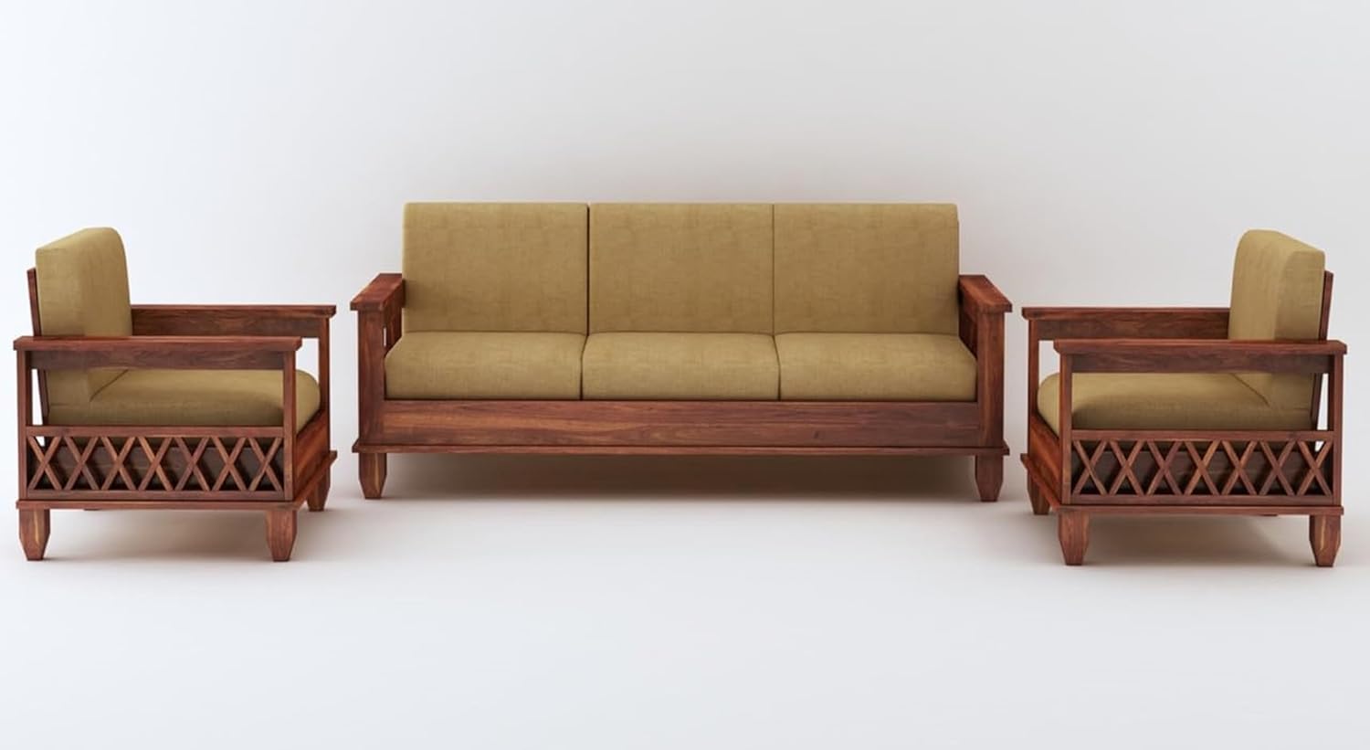 Strata Furniture Solid Sheesham Wood 5 Seater Sofaset For Living Rooms 3+1+1 Wooden Sofa Set For Home And Office (Natural Teak Finish) - 5