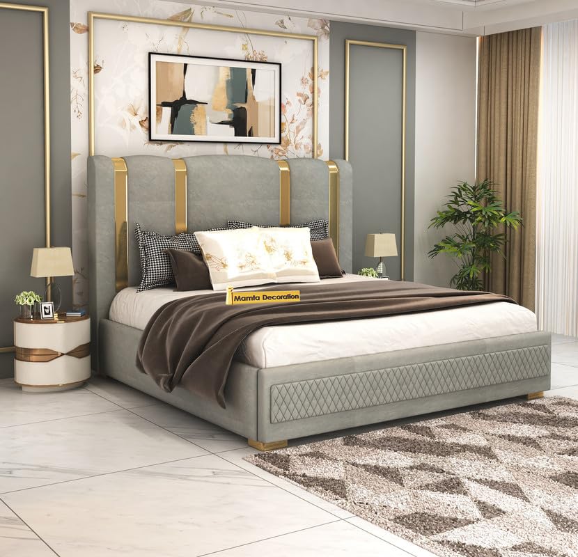 STRATA FURNITUR Sheesham Wood Queen Size Platfrom Bed with Box Storage and Upholstered Headboard | Modern Wooden Double Bed Cot Palang Furniture for Bedroom, Hotels, Living Room, and Home (Grey)