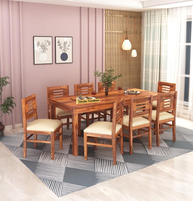 STRATA FURNITURE Solid Sheesham Wood 8 Seater Dining Table Set with Cushioned Chairs - 8 Chairs and 1 Table Dining Set for Dining Room Living Room Home Office Hotels Restaurant (Honey Finish)