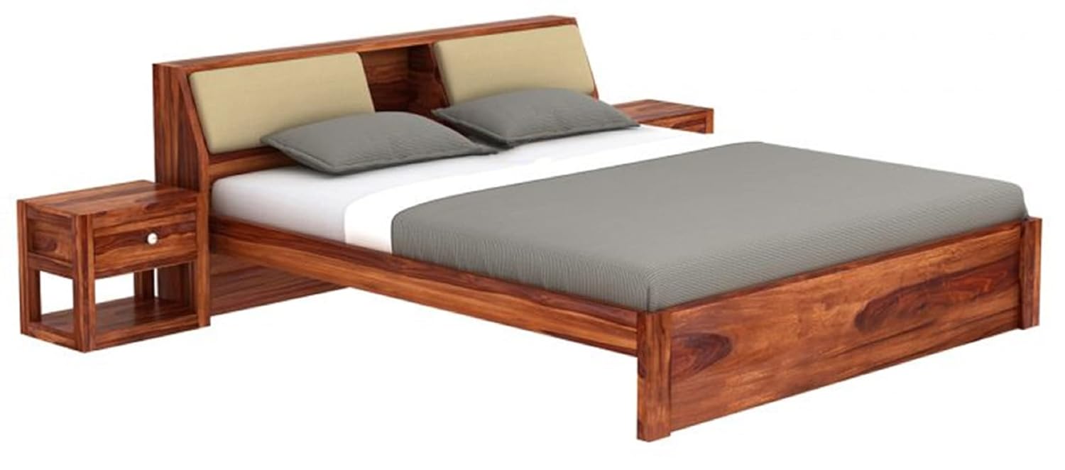 STRATA FURNITURE Sheesham Wood Queen Size Double Bed Without Storage Wooden Palang Cot for Bedroom Living Room Furniture (Honey Finish)