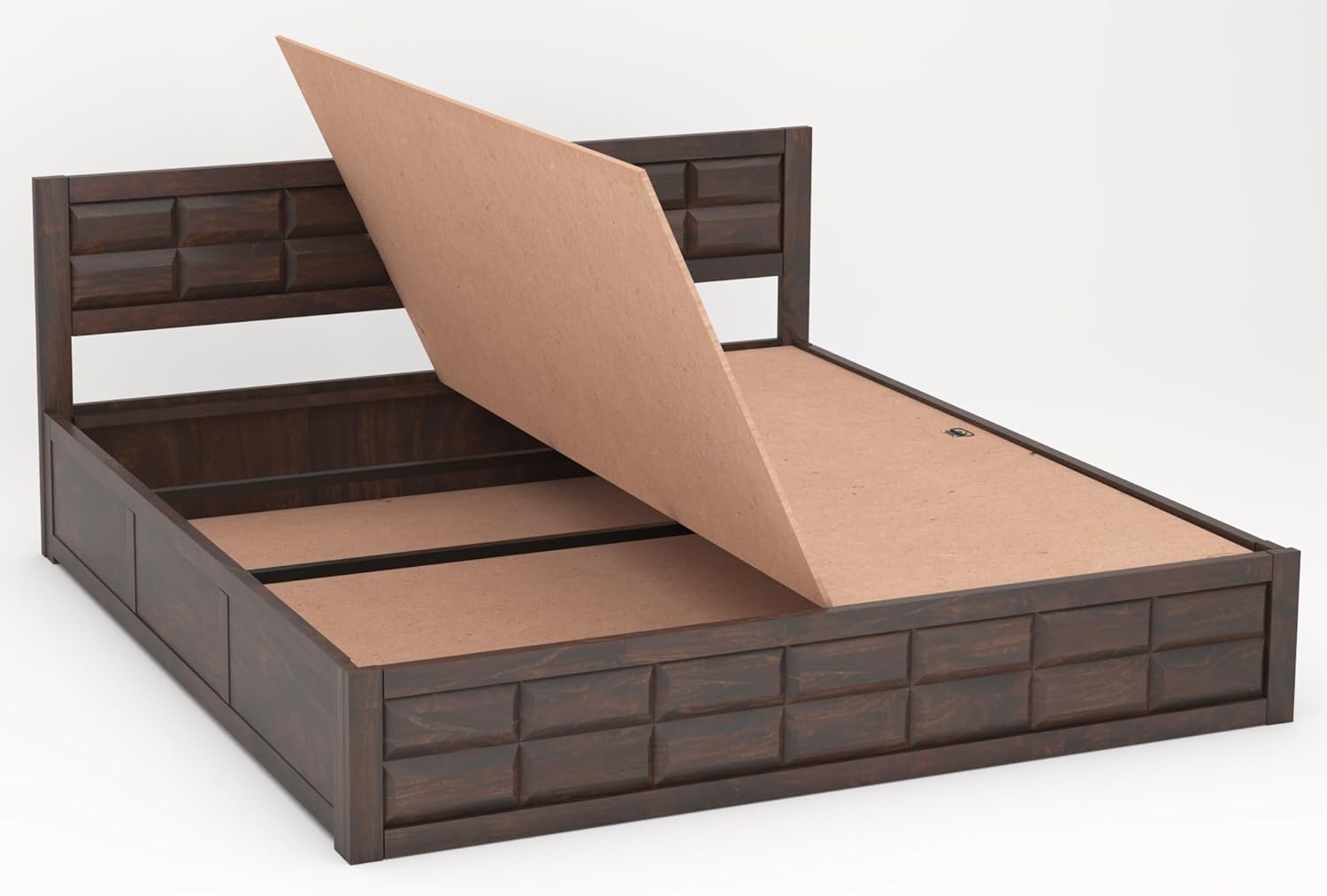 STRATA FURNITURE Solid Sheesham Wood Queen Size Bed with Box Storage | Wooden Double Bed Cot Palang Furniture for Bedroom Living Room and Home (Walnut Finish)