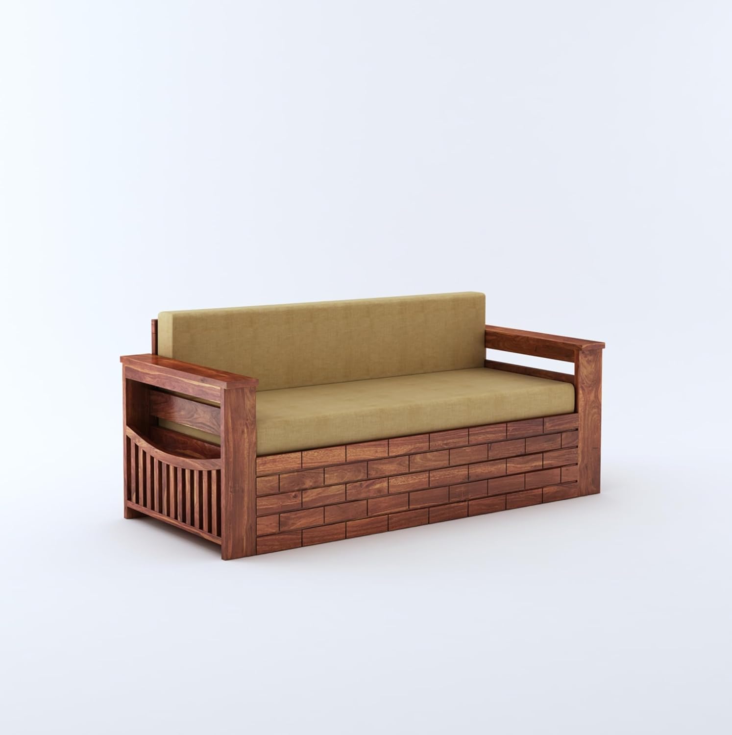 STRATA FURNITURE Solid Sheesham Wood 3 Seater Sofa Cum Bed With Drawer and Side Pocket Storage | Wooden Italian Bed With Headboard | Multipurpose Sofa Furniture for Home and Living Room (Honey Finish)