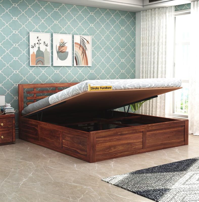 STRATA FURNITURE Sheesham Wood King Size Bed with Hydraulic Storage and Headboard for Bedroom Living Room Home | Wooden Double Bed Cot Palang Furniture (Honey Finish)