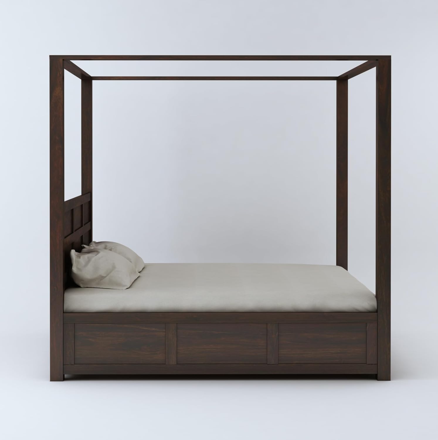 STRATA FURNITURE Solid Sheesham Wood King Size Poster Bed with Storage Wooden Double Bed Furniture for Bedroom Living Room Home (Walnut Finish)