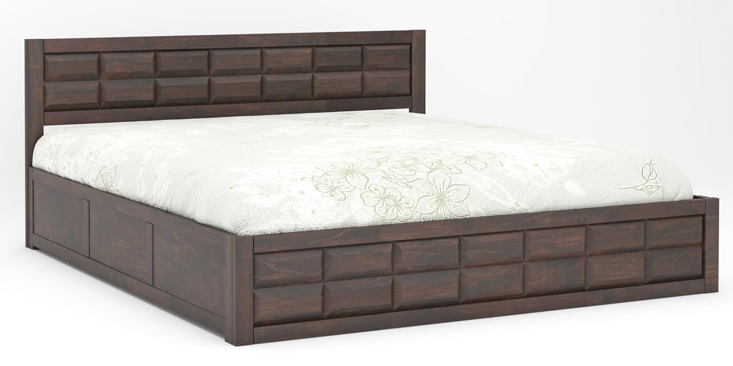 STRATA FURNITURE Solid Sheesham Wood Queen Size Bed with Box Storage | Wooden Double Bed Cot Palang Furniture for Bedroom Living Room and Home (Walnut Finish)