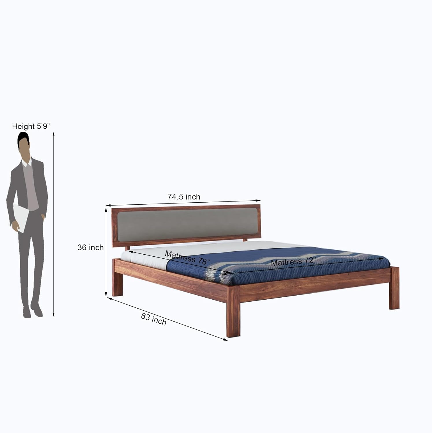 STRATA FURNITURE Solid Sheesham Wood Queen Size Bed Without Storage for Bedroom Living Room Home Wooden Cot Double Bed Palang with Cushion Headboard Furniture (Honey Finish)