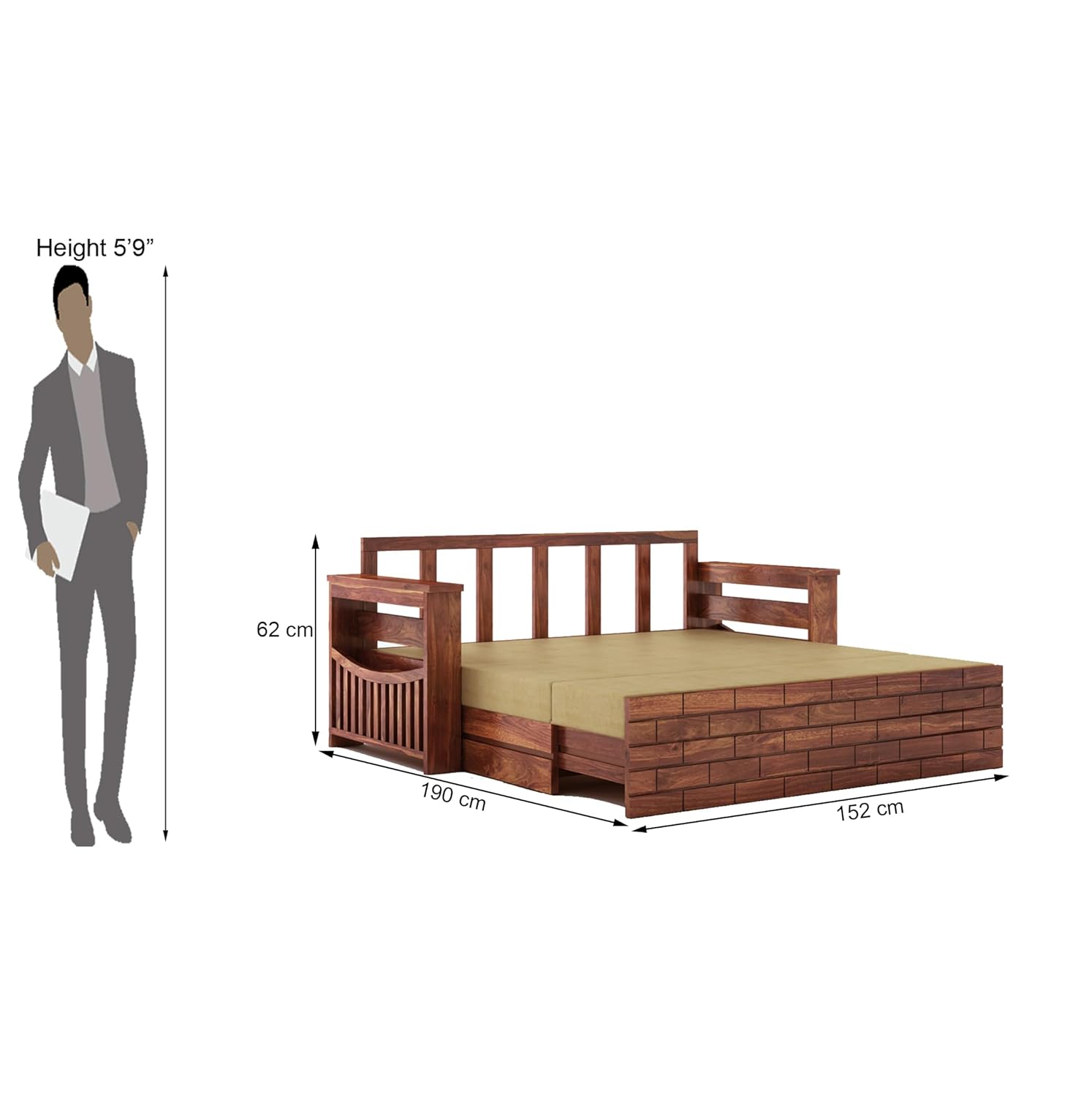 STRATA FURNITURE Solid Sheesham Wood 3 Seater Sofa Cum Bed With Drawer and Side Pocket Storage | Wooden Italian Bed With Headboard | Multipurpose Sofa Furniture for Home and Living Room (Honey Finish)