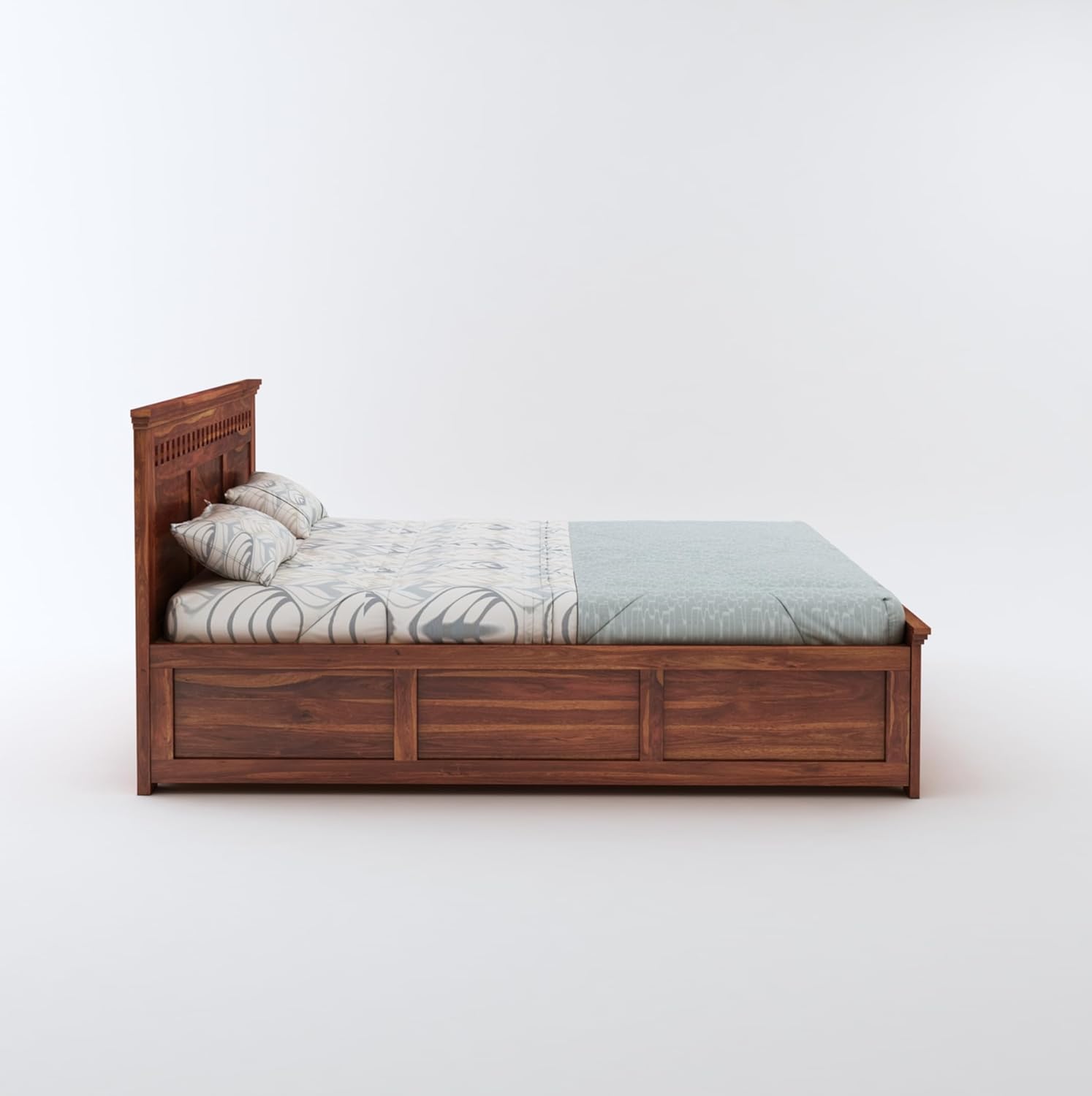 STRATA FURNITURE Sheesham Wood King Size Bed with Box Storage Wooden Double Bed Cot Bed Furniture for Bedroom Living Room Home (Natural Finish)