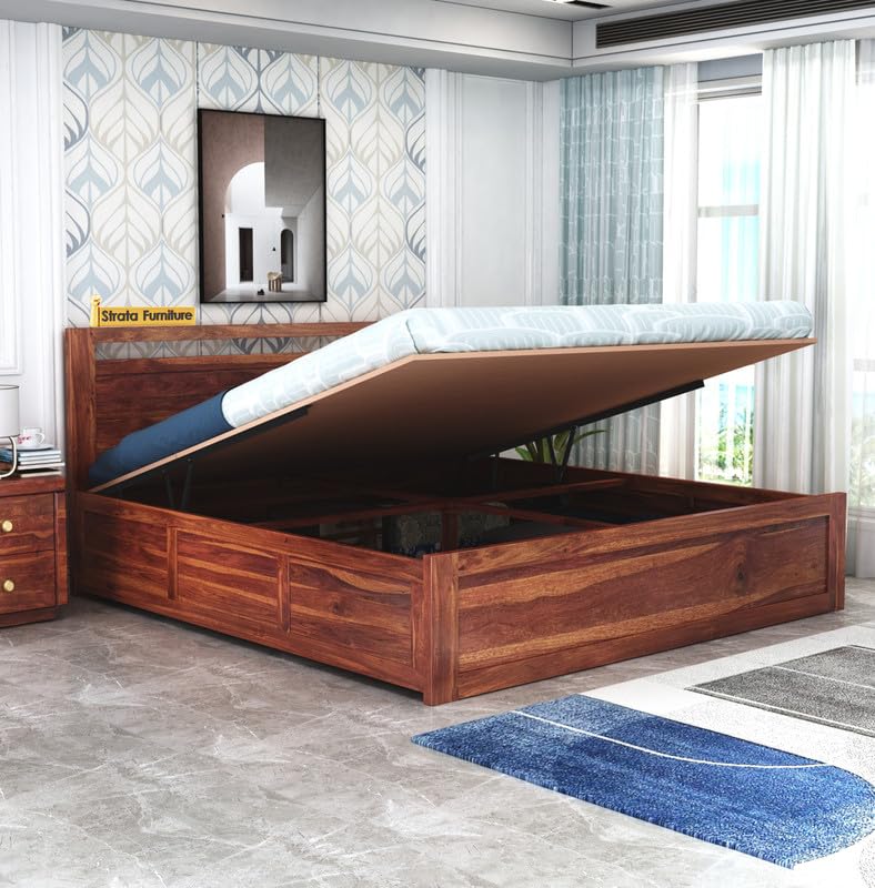 STRATA FURNITURE Sheesham Wood Queen Size Bed with Hydraulic Storage for Home Living Room Bedroom Wooden Double Bed Cot Palang Furniture (Honey Finish)