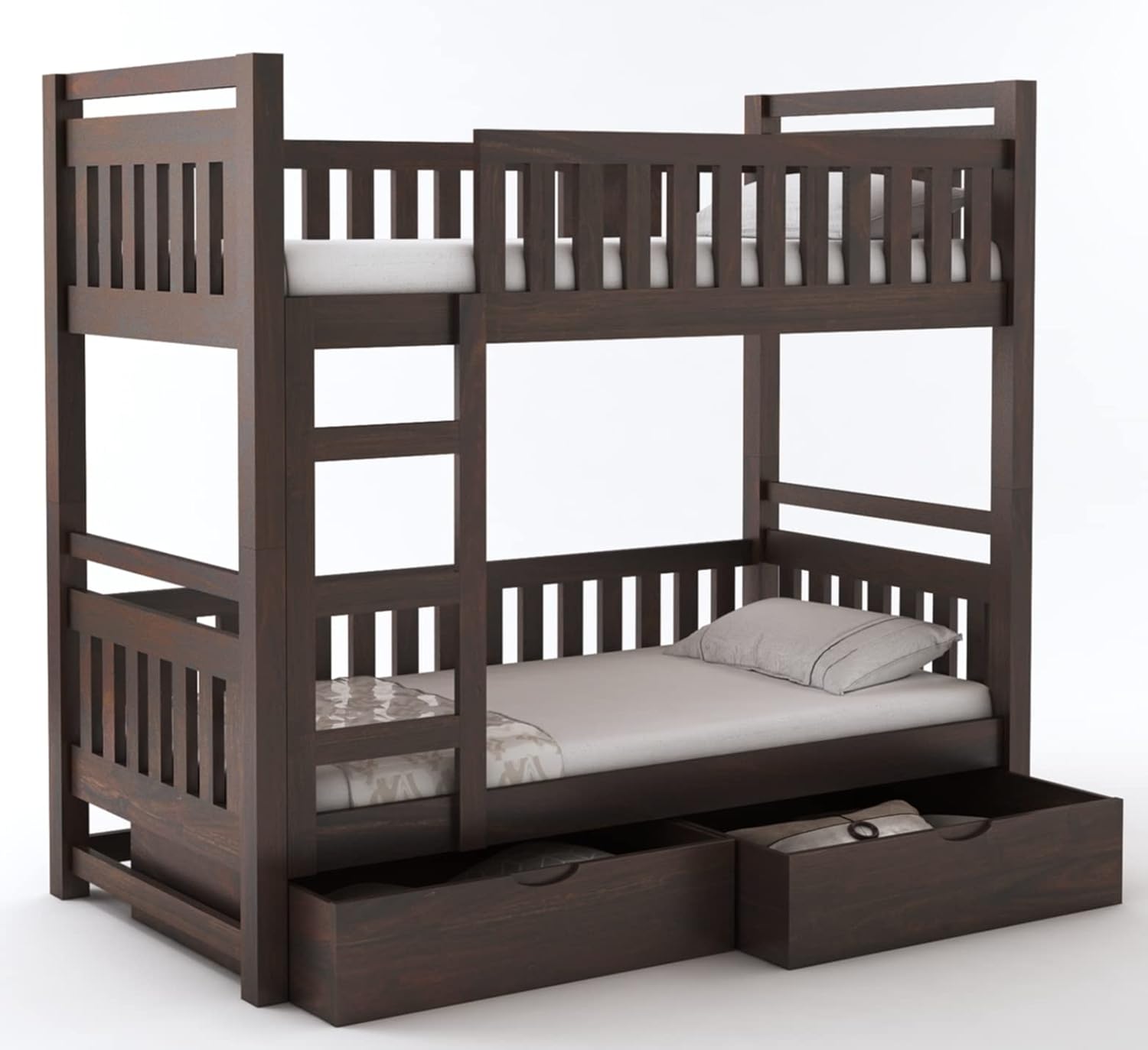 STRATA FURNITURE Sheesham Wood Bunk Bed with 2 Drawer Storage Wooden Double Bed Furniture for Bedroom Home (Walnut Finish)
