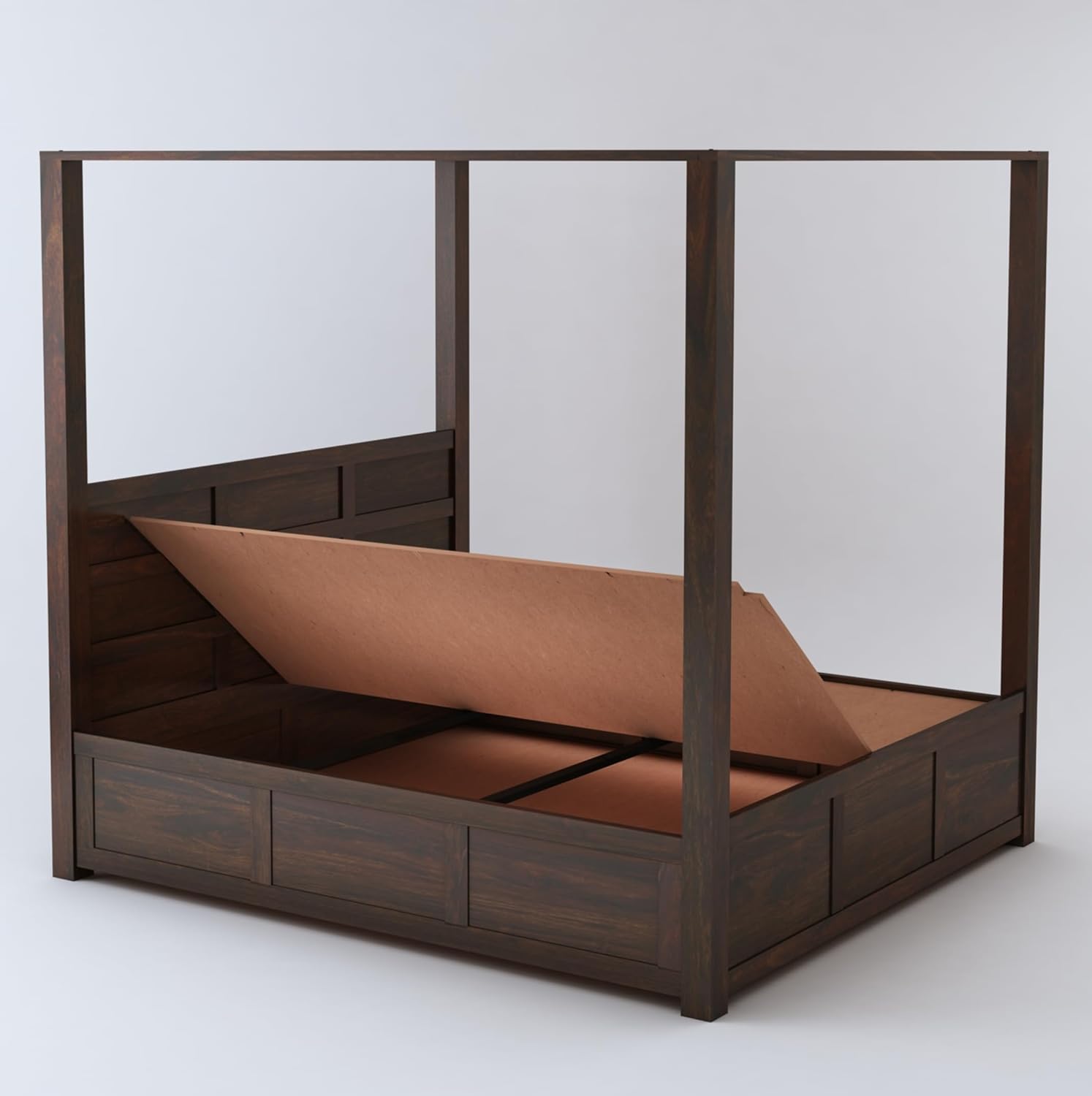 STRATA FURNITURE Solid Sheesham Wood King Size Poster Bed with Storage Wooden Double Bed Furniture for Bedroom Living Room Home (Walnut Finish)