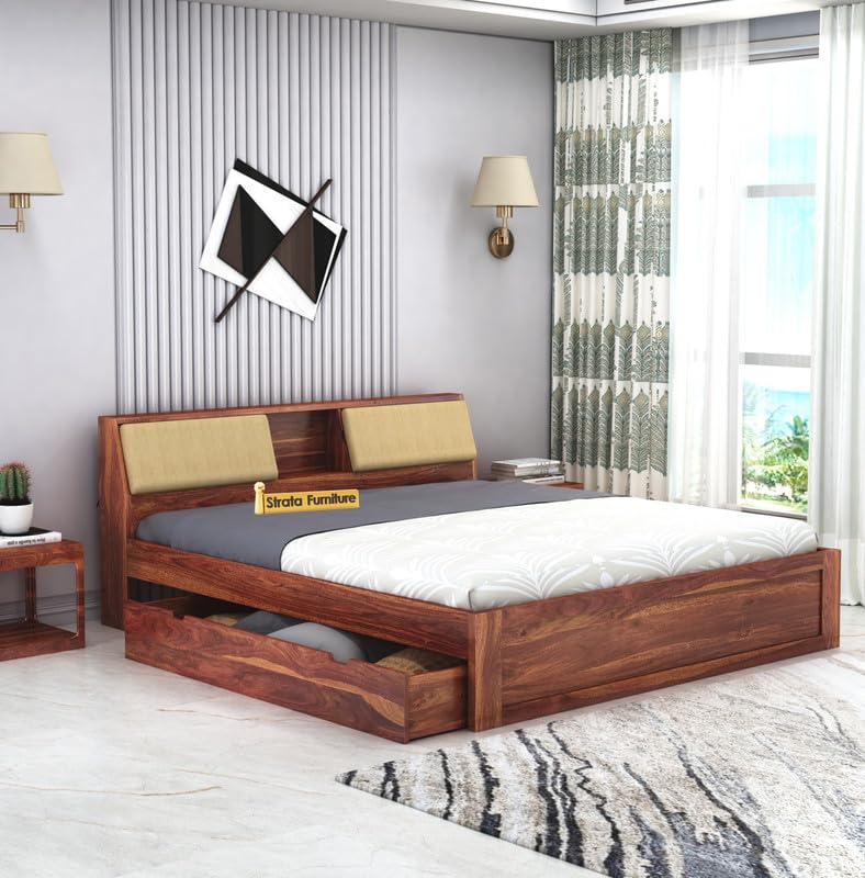 STRATA FURNITURE Sheesham Wood King Size Bed with Drawer and Headboard Storage for Bedroom Living Room Home Wooden Double Bed Cot Palang Furniture (Honey Finish)