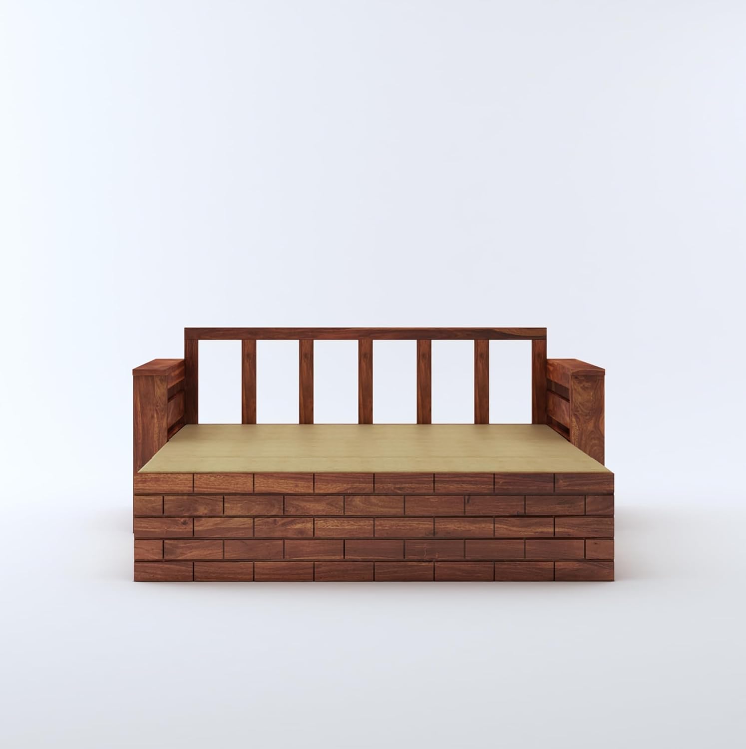 STRATA FURNITURE Solid Sheesham Wood 3 Seater Sofa Cum Bed With Drawer and Side Pocket Storage | Wooden Italian Bed With Headboard | Multipurpose Sofa Furniture for Home and Living Room (Honey Finish)