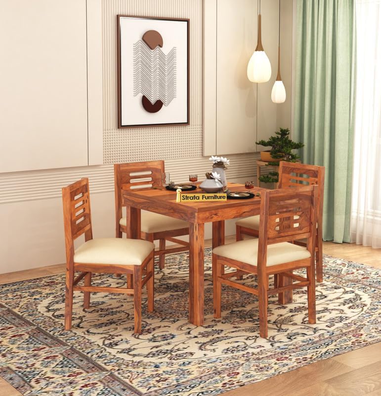 STRATA FURNITURE Solid Sheesham Wood 6 Seater Dining Table Set with Cushioned Chairs - 6 Chairs and 1 Table Dining Set for Dining Room Living Room Home Office Hotels Restaurant (Honey Finish)