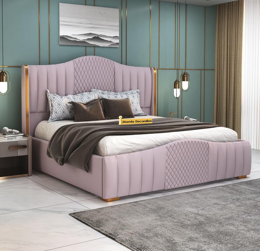 STRATA FURNITUR Sheesham Wood Queen Size Platfrom Bed with Box Storage and Upholstered Headboard | Stylish Wooden Double Bed Cot Palang Furniture for Bedroom, Hotels, Living Room, Home (Light Purple)