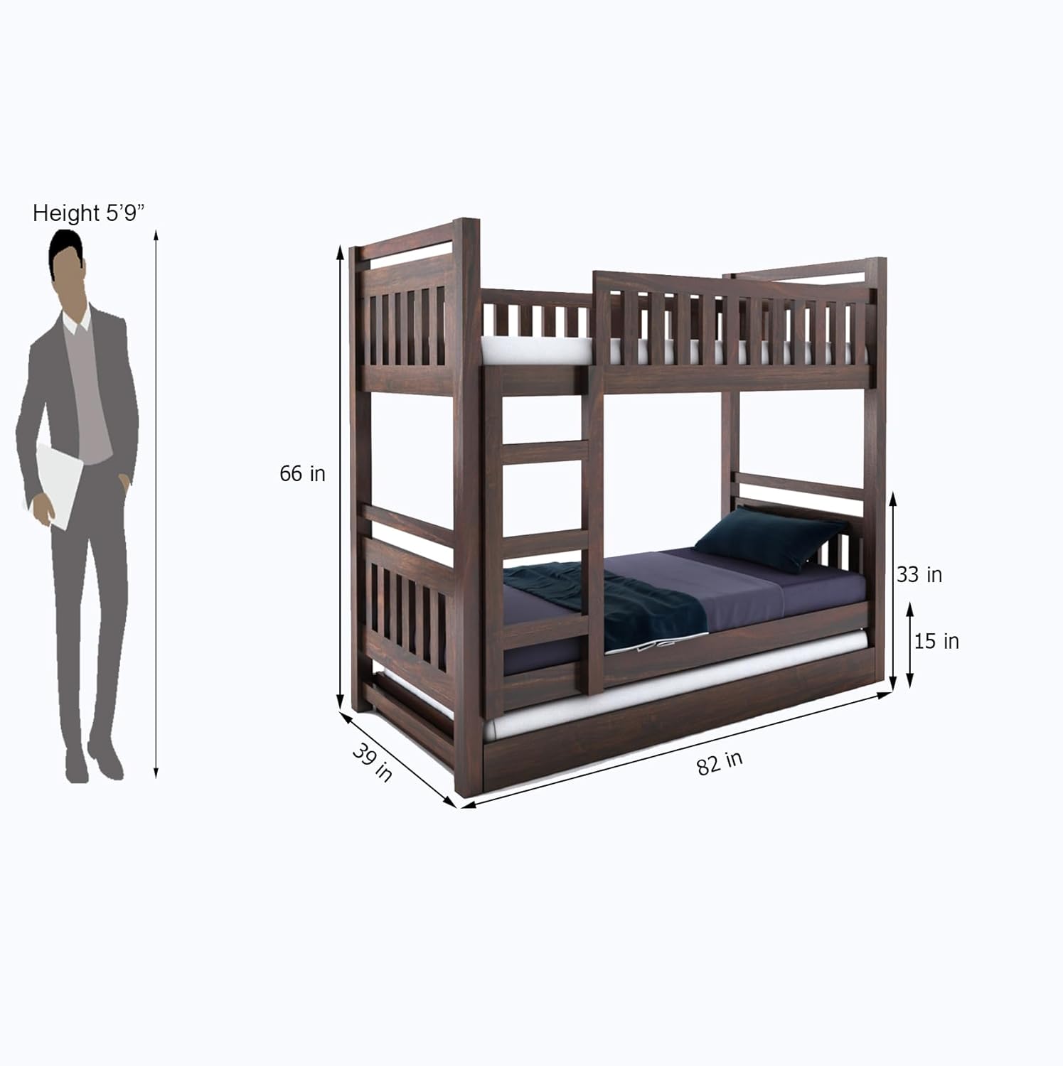 STRATA FURNITURE Solid Sheesham Wood Bunk Bed With Trundle Wooden Bunk Bed With Ladder For Bedroom Living Room Home (Walnut Finish, 1.68 M, 2.08 M, 0.99 M)