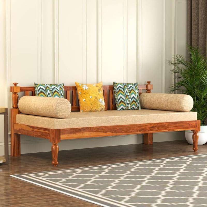 STRATA FURNITURE Solid Sheesham Wood 3 Seater Sofa Cum Diwan Bed for Living Room Bedroom Furniture Three Seater Sofa Wooden Couch Diwan Sofa Settee for Home, Hall, and Office (Natural Finish)