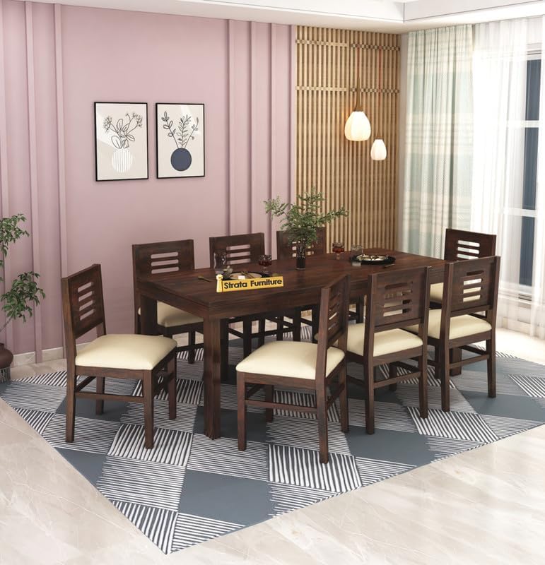 STRATA FURNITURE Solid Sheesham Wood 4 Seater Dining Table Set with Cushioned Chairs - 4 Chairs and 1 Table Dining Set for Dining Room Living Room Home Office Hotels Restaurant (Walnut Finish)