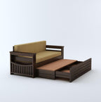 STRATA FURNITURE Solid Sheesham Wood 3 Seater Sofa Cum Bed with Drawer and Side Pocket Storage | Wooden Italian Bed with Headboard | Multipurpose Sofa Furniture for Home & Living Room (Walnut Finish)