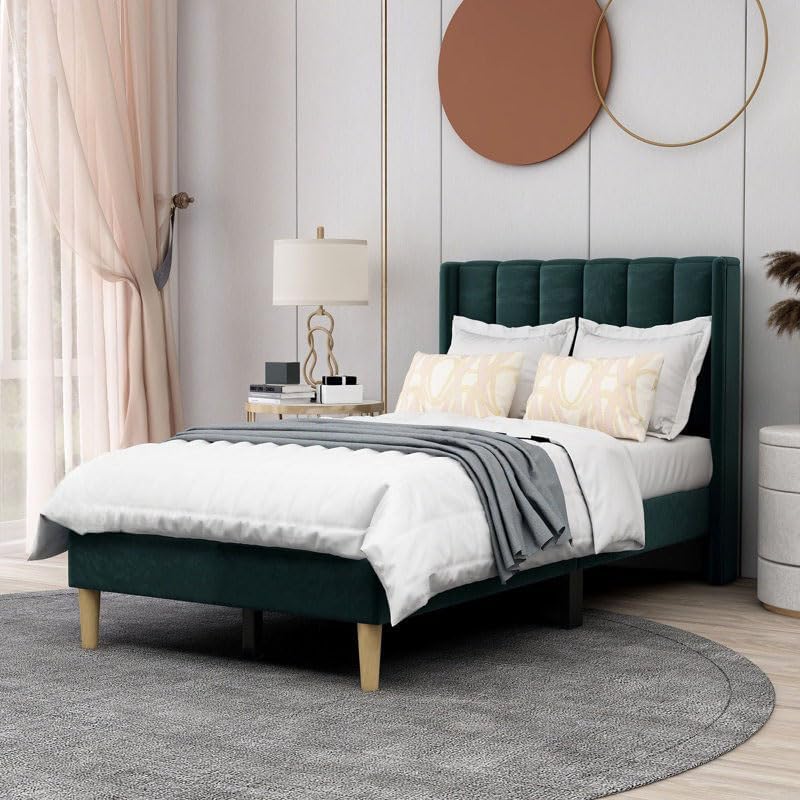 STRATA FURNITURE Upholstered Single Size Bed Without Storage for Bedroom Furniture Solid Wood Fabric Bed Wooden Single Bed Cot Palang for Home Living Room and Hotels (Dark Green)