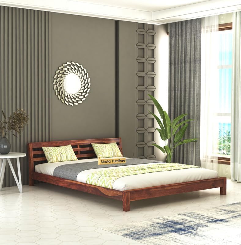 STRATA FURNITURE Sheesham Wood King Size Platform Bed Without Storage for Bedroom Living Room Home Wooden Double Cot Palang Low Height Bed Furniture (Honey Finish)