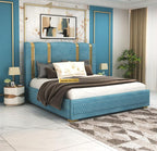 STRATA FURNITUR Sheesham Wood Queen Size Platfrom Bed with Box Storage and Upholstered Headboard | Modern Wooden Double Bed Cot Palang Furniture for Bedroom, Hotels, Living Room, and Home (Blue)