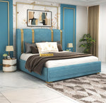 STRATA FURNITUR Sheesham Wood Queen Size Platfrom Bed with Box Storage and Upholstered Headboard | Modern Wooden Double Bed Cot Palang Furniture for Bedroom, Hotels, Living Room, and Home (Blue)