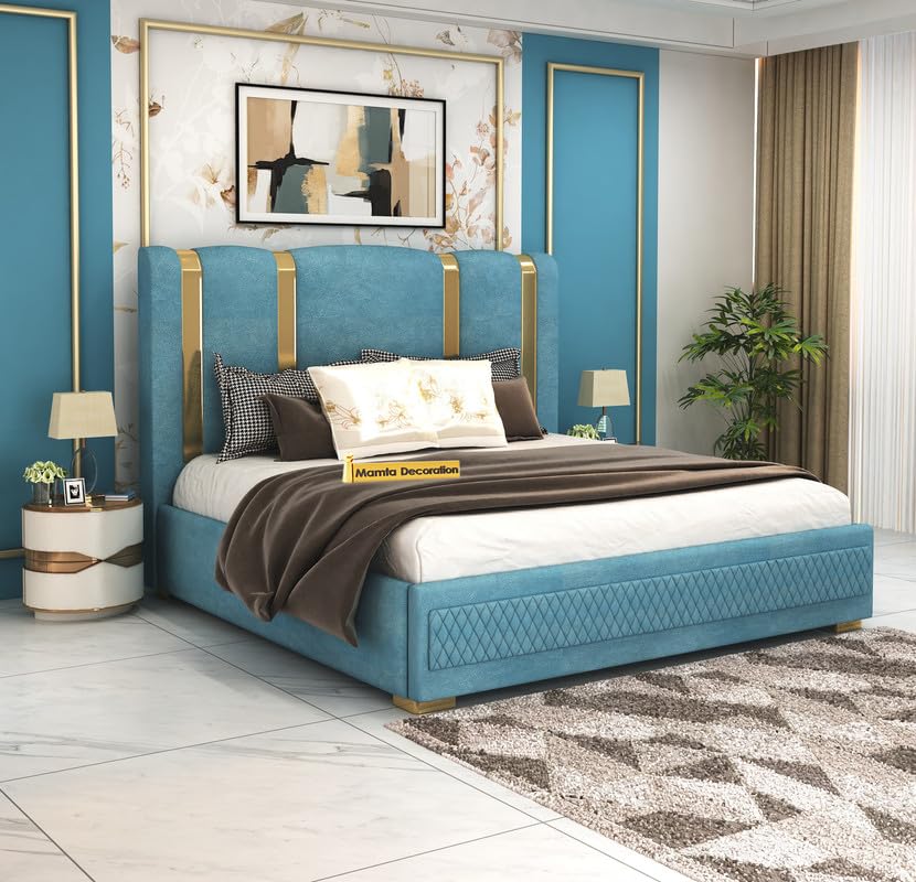 STRATA FURNITUR Sheesham Wood Queen Size Platfrom Bed with Box Storage and Upholstered Headboard | Modern Wooden Double Bed Cot Palang Furniture for Bedroom, Hotels, Living Room, and Home (Blue)