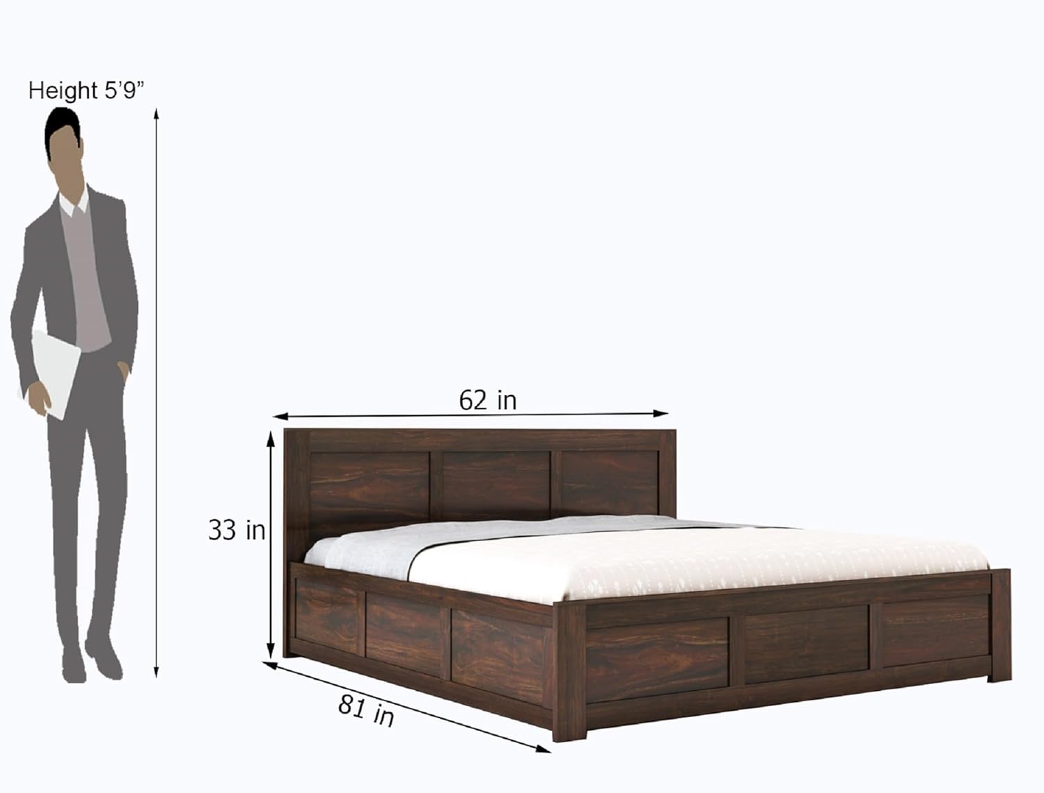 STRATA FURNITURE Sheesham Wood Queen Size Bed with Box Storage Double Cot Wooden Palang for Bedroom Living Room Furniture (Walnut Finish)