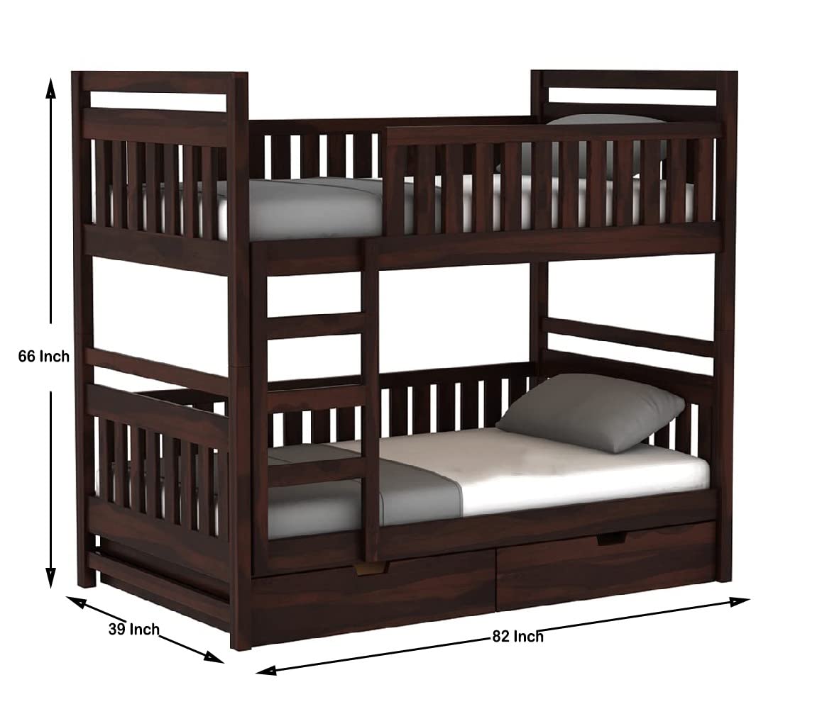 STRATA FURNITURE Sheesham Wood Bunk Bed with 2 Drawer Storage Wooden Double Bed Furniture for Bedroom Home (Walnut Finish)