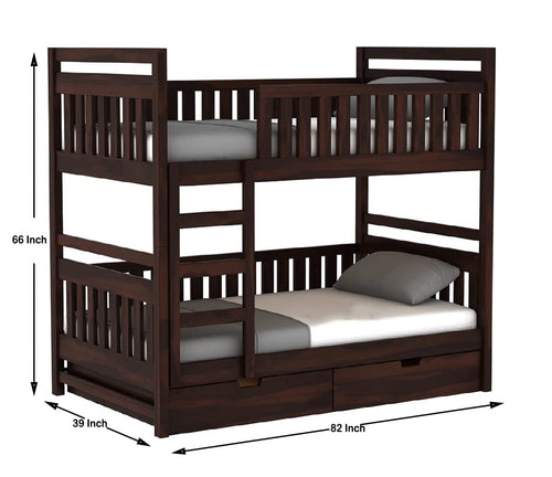 STRATA FURNITURE Sheesham Wood Bunk Bed with 2 Drawer Storage Wooden Double Bed Furniture for Bedroom Home (Walnut Finish)