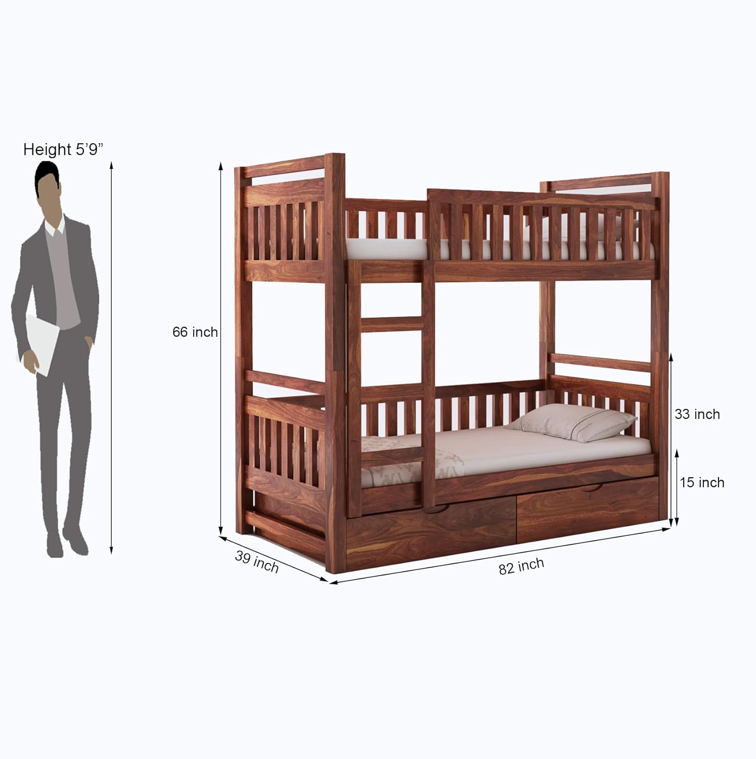 STRATA FURNITURE Sheesham Wood Bunk Bed with 2 Drawer Storage Wooden Double Bed Bed Furniture for Bedroom Living Room Home (Honey Finish)