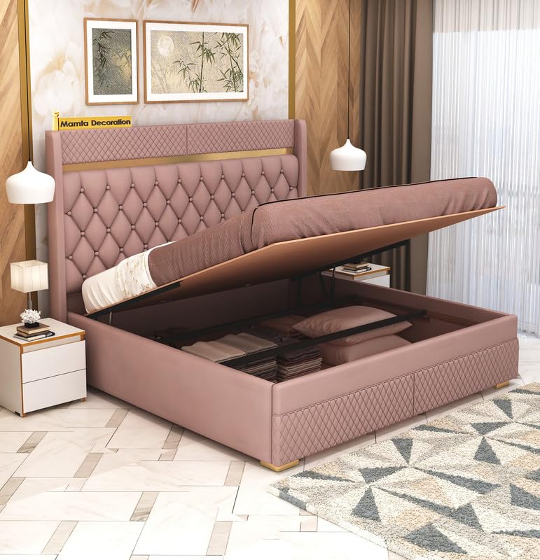 STRATA FURNITUR Sheesham Wood Queen Size Bed with Hydraulic Box Storage and Upholstery Tufted Headboard | Wooden Double Bed Cot Palang Furniture for Bedroom, Hotel, Living Room, and Home (Onion Pink)