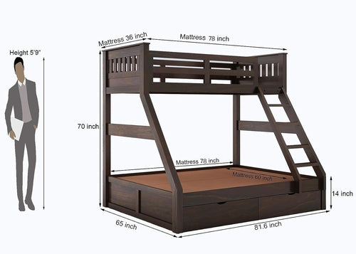 STRATA FURNITURE Sheesham Wood Bunk Bed with 2 Drawer Storage Wooden Double Bed Furniture for Bedroom Home (Walnut Finish)