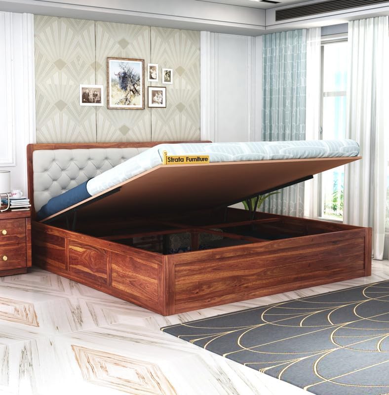 STRATA FURNITURE Sheesham Wood Queen Size Bed with Hydraulic and Cushion Headboard Storage for Living Room Home Bedroom | Wooden Double Bed Cot Palang Furniture (Honey Finish)