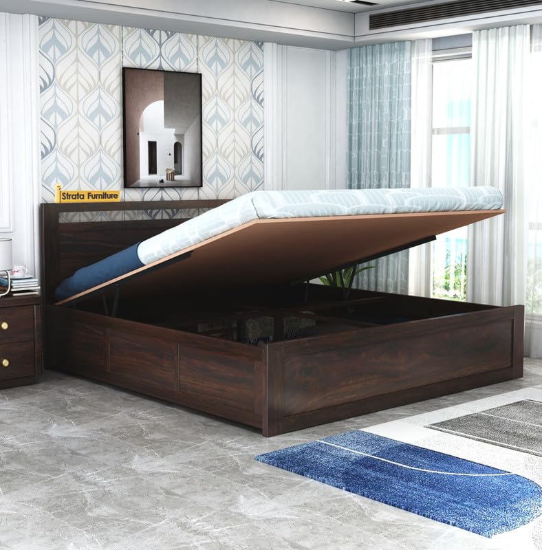STRATA FURNITURE Sheesham Wood Queen Size Bed with Hydraulic Storage for Home Living Room Bedroom Wooden Double Bed Cot Palang Furniture (Walnut Finish)