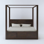 STRATA FURNITURE Solid Sheesham Wood King Size Poster Bed with Storage Wooden Double Bed Furniture for Bedroom Living Room Home (Walnut Finish)