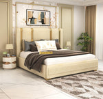 STRATA FURNITUR Sheesham Wood Queen Size Platfrom Bed with Box Storage and Upholstered Headboard | Modern Wooden Double Bed Cot Palang Furniture for Bedroom, Hotels, Living Room, and Home (Beige)