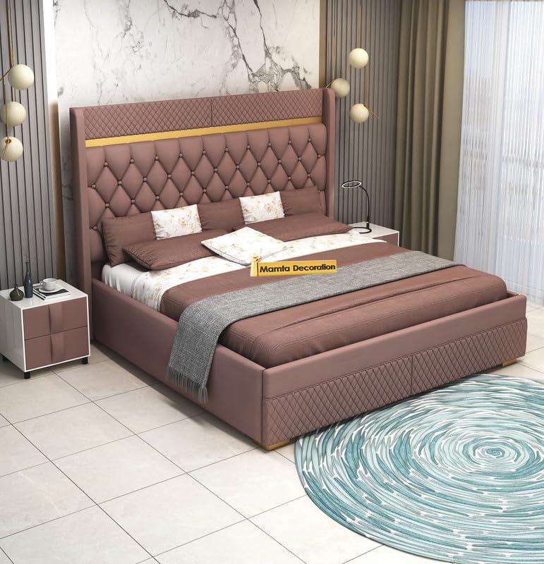 STRATA FURNITUR Sheesham Wood Queen Size Bed with Box Storage and Upholstery Tufted Headboard | Modern Wooden Double Bed Cot Palang Furniture for Bedroom, Hotel, Living Room, and Home (Onion Pink)