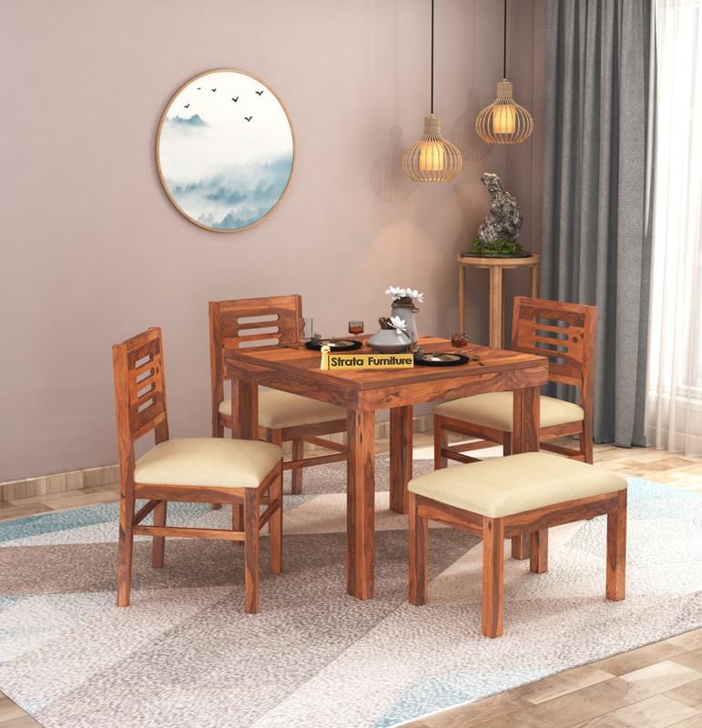 STRATA FURNITURE Solid Sheesham Wood 8 Seater Dining Table Set with Cushioned Chairs - 8 Chairs and 1 Table Dining Set for Dining Room Living Room Home Office Hotels Restaurant (Honey Finish)