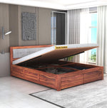 STRATA FURNITURE Sheesham Wood Queen Size Bed with Hydraulic Storage and Cushion Headboard Wooden Double Bed Cot Palang for Living Room Bedroom Home (Honey Finish)